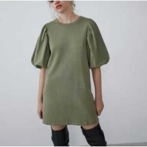 ZARA Sage Green Puff Sleeve Sweatshirt Dress Casual Mini Size Small